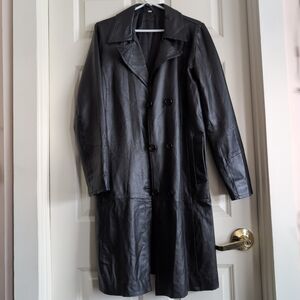 Vintage unisex 90s black real leather Matrix long line double breasted coat